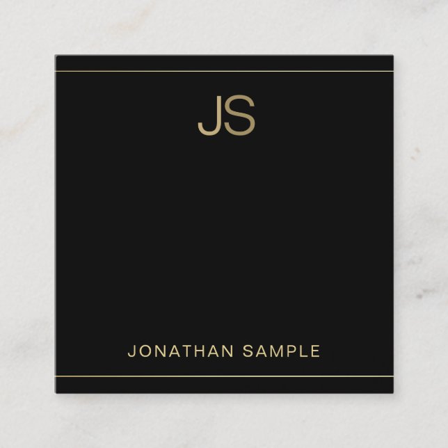 Cartão De Visita Quadrado Monograma Premium, Dourado luxo negro elegante (Frente)