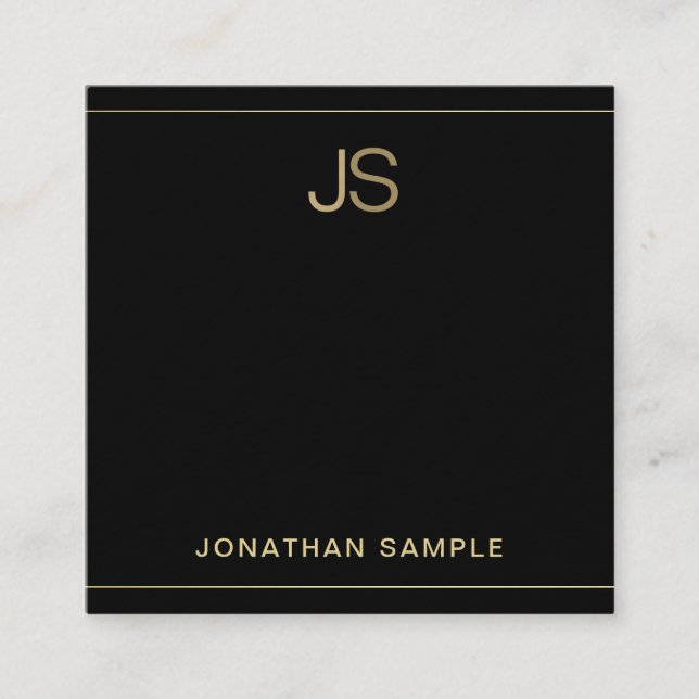 Cartão De Visita Quadrado Monograma preto de luxo Dourado e elegante (Frente)