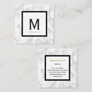 Cartão De Visita Quadrado Monograma Preto de Mármore Branco Elegante