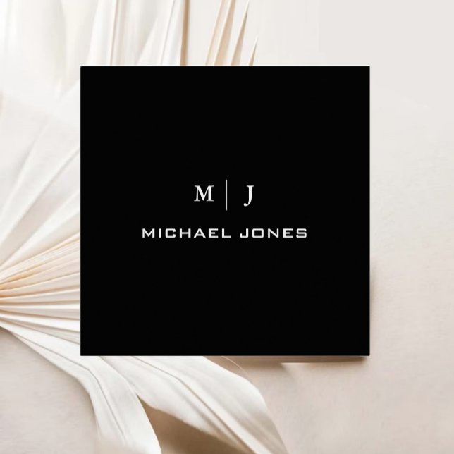 Cartão De Visita Quadrado Monograma Simples Moderno - Papel Preto (Modern Simple Monogram Name Black Paper Square Business Card)