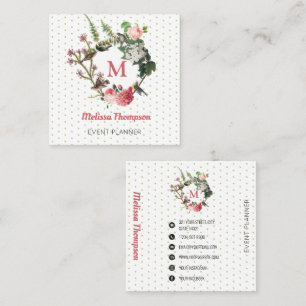 Cartão De Visita Quadrado Monograma Vintage Floral Bird Wreath Planner