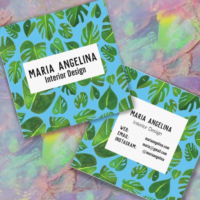 Cartão De Visita Quadrado Monstera tropical deixa Design de aquarela (Criador carregado)