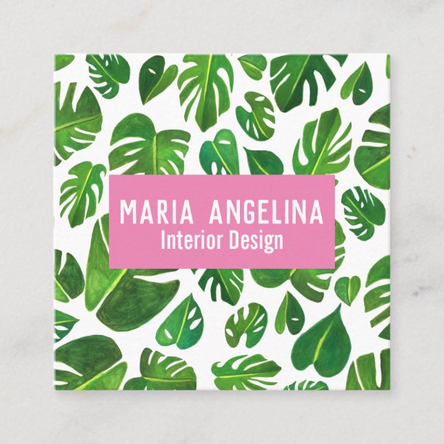 Cartão De Visita Quadrado Monstera tropical deixa Design de aquarela (Frente)