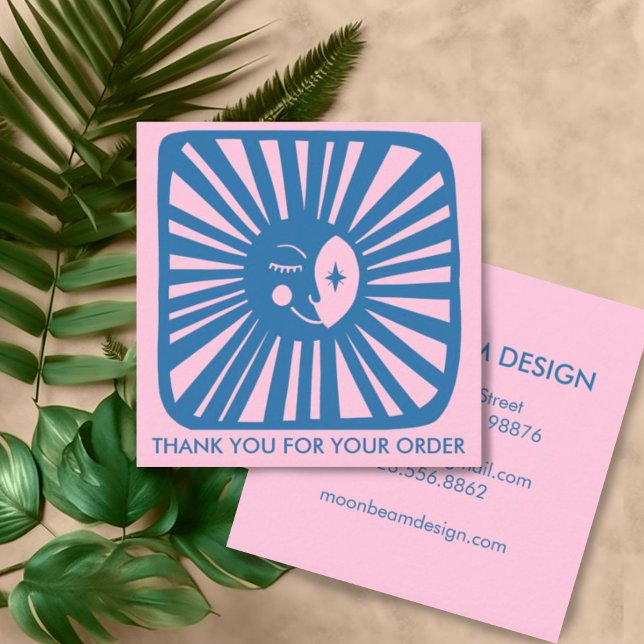 Cartão De Visita Quadrado Moon Brilhante Encantadora Blue Pink Pedido Obriga (Sweet moon design on these custom thank you business cards. )