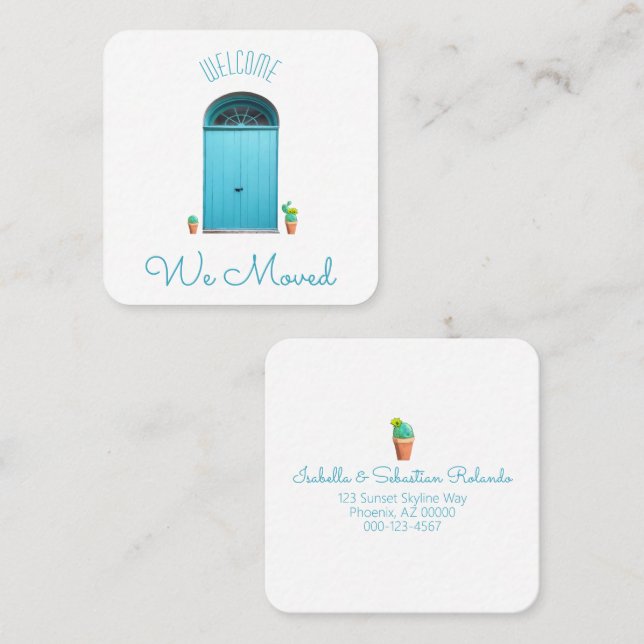 Cartão De Visita Quadrado Movimentamos Portas Azuis A Sudoeste De Cactus Pot (Frente/Verso)