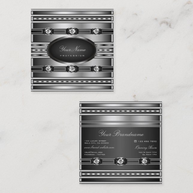 Cartão De Visita Quadrado Muito Elegante Efeito Preto e Prata com Diamantes (Frente/Verso)