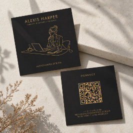 Cartão De Visita Quadrado Mulher Arte Linha Ouro Preto Minimalista Código QR