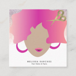 Cartão De Visita Quadrado Mulher Brown Hair Faux Dourada Glitter Salon Beaut