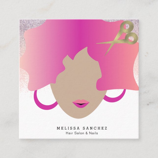 Cartão De Visita Quadrado Mulher Brown Hair Faux Dourada Glitter Salon Beaut (Frente)