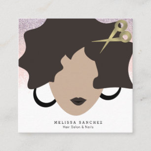 Cartão De Visita Quadrado Mulher Cabelo Castanho Brilho Dourado Falso Salão