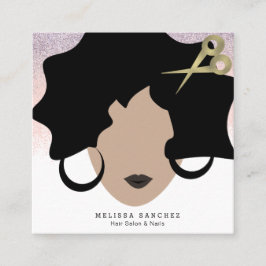 Cartão De Visita Quadrado Mulher Cabelo Faux Dourado Beleza do Salão Glitter