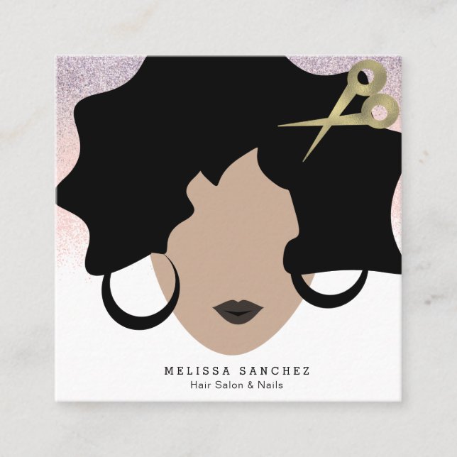 Cartão De Visita Quadrado Mulher Cabelo Faux Dourado Beleza do Salão Glitter (Frente)
