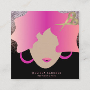 Cartão De Visita Quadrado Mulher Cabelo Rosa Brilho de Ouro Falso Salão Bele