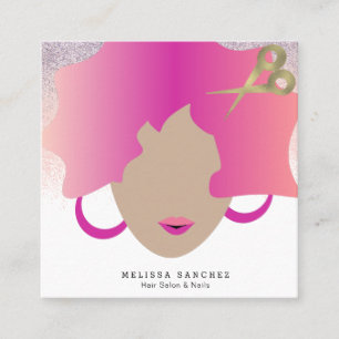 Cartão De Visita Quadrado Mulher de Cabelo Rosa Faux Dourada Bela de Salão d