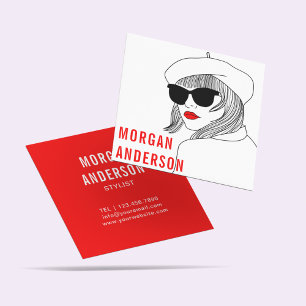 Cartão De Visita Quadrado Mulheres Silhouette Vermelho e Moda feminina branc