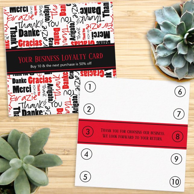 Cartão De Visita Quadrado Multilingual Agradeço a você a punção de fidelidad (Criador carregado)