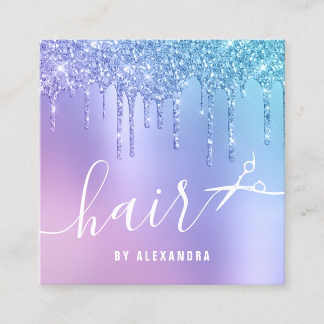 Cartão De Visita Quadrado Na moda azul e púrpura brilha pelo tesoura (Frente)