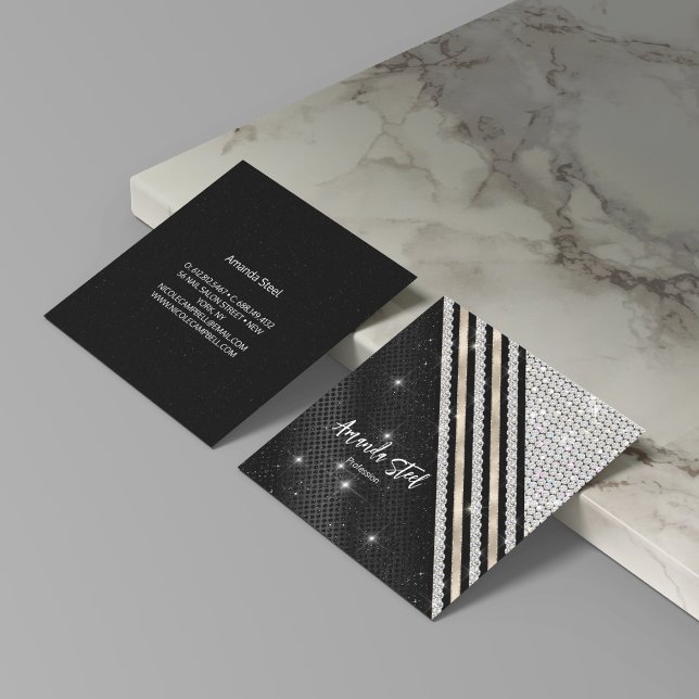 Cartão De Visita Quadrado Na moda faux Crystal prata e Black Personalizado (Criador carregado)