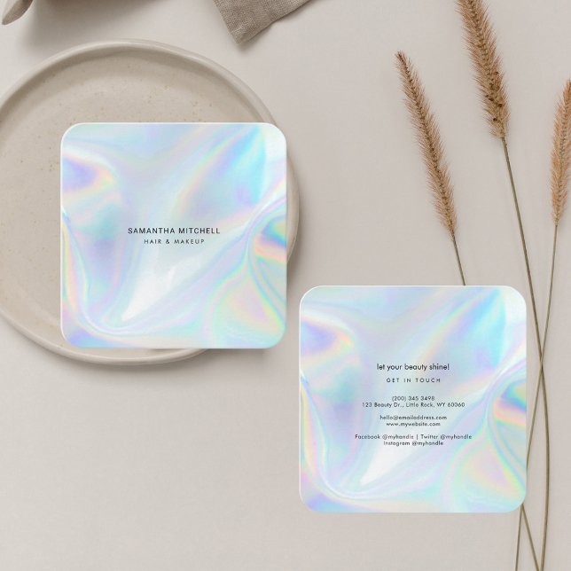 Cartão De Visita Quadrado Na moda Holographic Typografia Beauticista Makeup (Modern Iridescent Holographic Square Business Card)