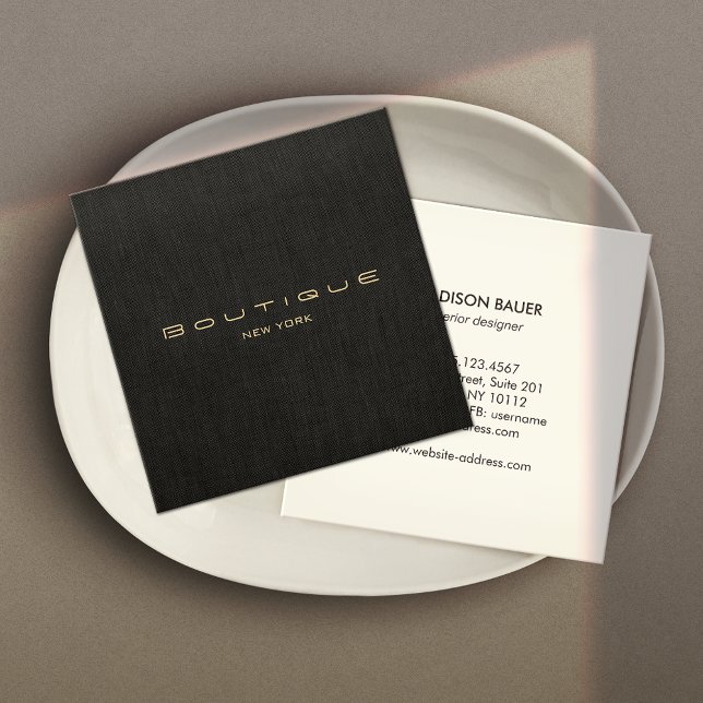 Cartão De Visita Quadrado Na moda Modern Black Linen Professional (Criador carregado)