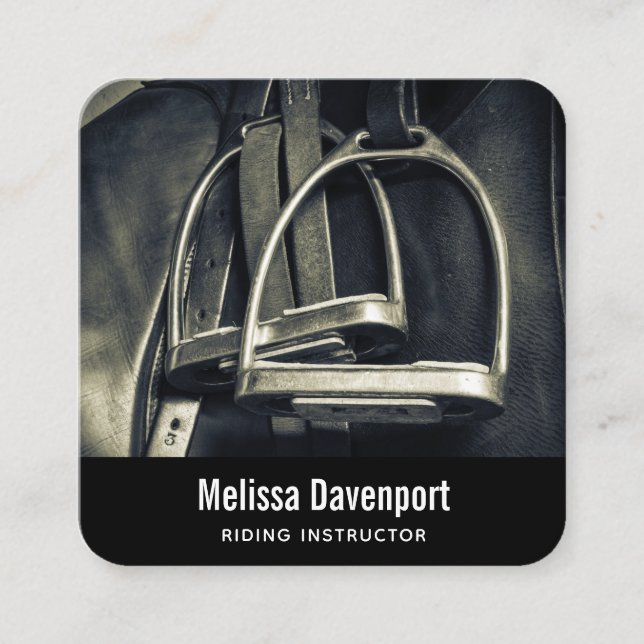 Cartão De Visita Quadrado Na moda Silver Stirrups em Inglês Riding Saddle (Frente)