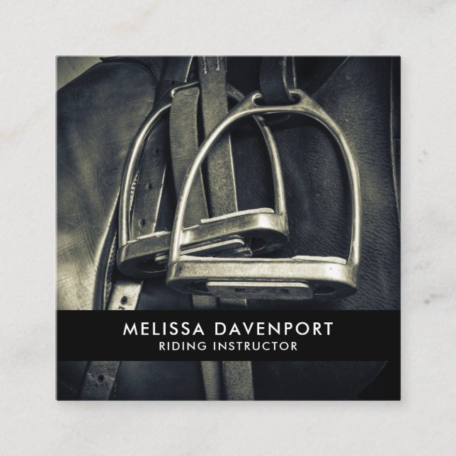 Cartão De Visita Quadrado Na moda Silver Stirrups em Inglês Riding Saddle (Frente)