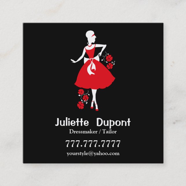 Cartão De Visita Quadrado Na moda Tailor Dressmaker preto (Frente)