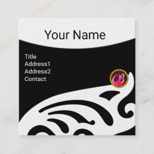 Cartão De Visita Quadrado NA MODA WINGS RUBY GEM MONOGRAM Preto Pérola Branc