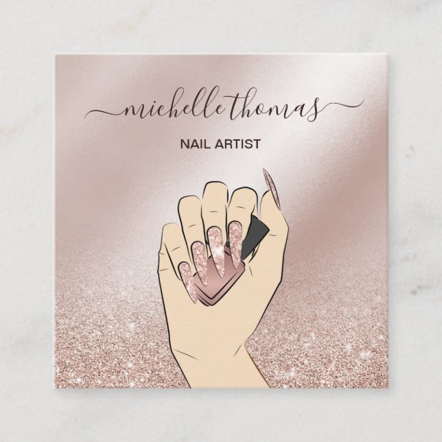Cartão De Visita Quadrado NAIL artista assinatura rosa gold NAIL TECHNICIAN  (Frente)