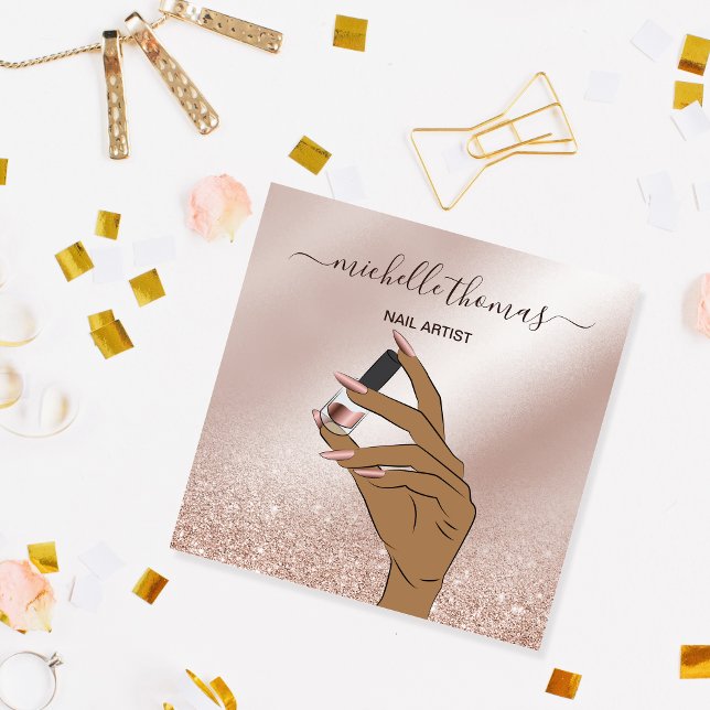 Cartão De Visita Quadrado NAIL artista assinatura rosa gold NAIL TECHNICIAN  (Criador carregado)