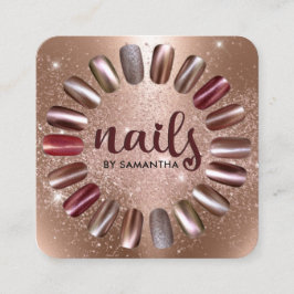 Cartão De Visita Quadrado Nail Technician Rosa Dourado Sparkly