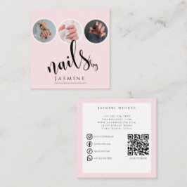 Cartão De Visita Quadrado Nails Specialist 3 Photo QR Socials Blush Pink