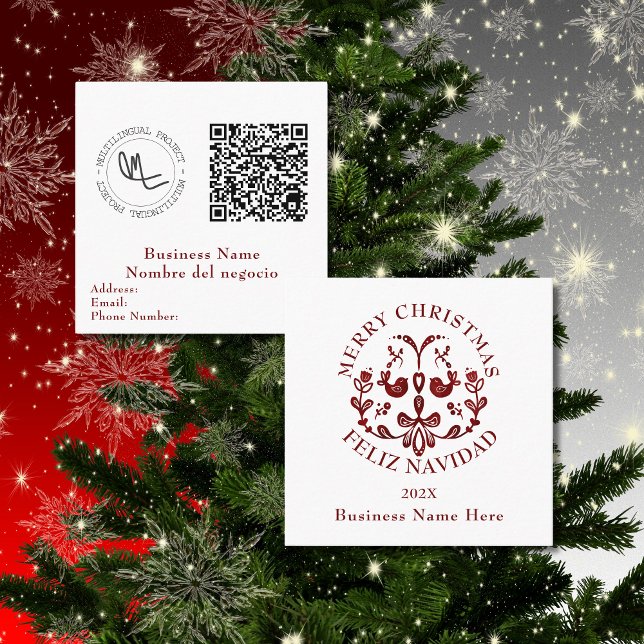 Cartão De Visita Quadrado Natal Nórdico Bilíngue Espanhol (Business Christmas cards Bilingual, Spanish custom text & details, QR code. Multilingual Project)
