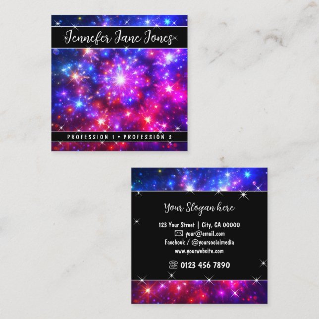Cartão De Visita Quadrado Nebulosa do Céu Místico Rosa Quente - Estrelas da  (Frente/Verso)