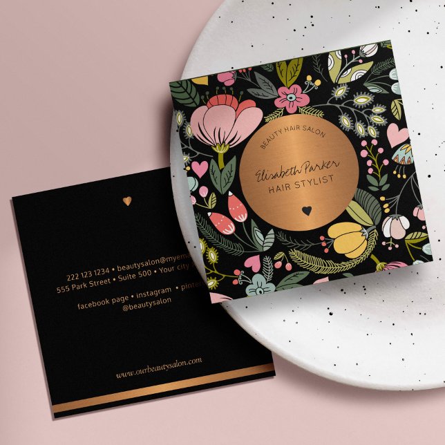 Cartão De Visita Quadrado Negra-rosa-rosa-flor-salão-preto (Criador carregado)