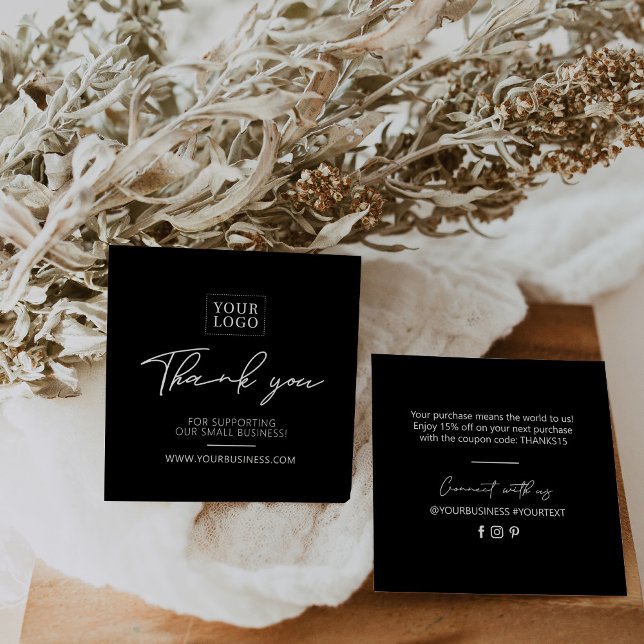 Cartão De Visita Quadrado Negros e Brancos Simples Negócios Obrigado a Inser (Criador carregado)