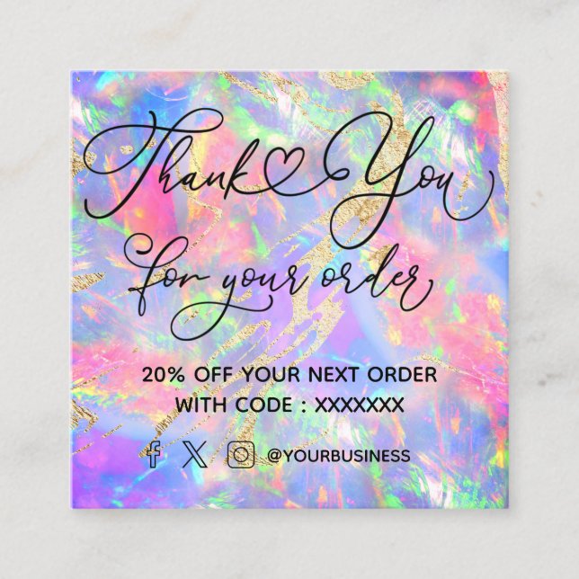 Cartão De Visita Quadrado neon opal stone obrigado você para sua ordem (Frente)