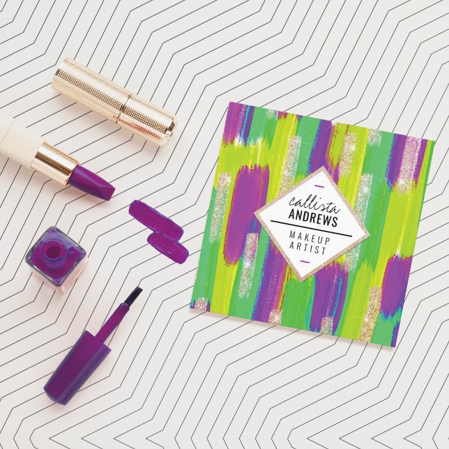 Cartão De Visita Quadrado Neon Purple Verde Amarelo Dourado Maquiagem da Tin (Criador carregado)