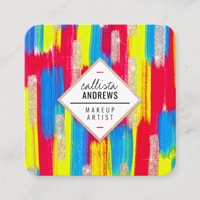 Cartão De Visita Quadrado Neon Red Blue Yellow Glitter Paint Makeup (Frente)