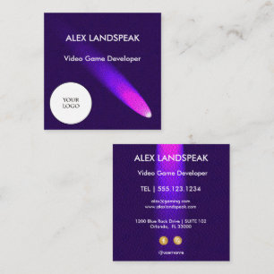 Cartão De Visita Quadrado Neon Roxo & Logo Cyber Couro Gaming