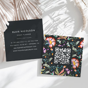 Cartão De Visita Quadrado Night Oasis Padrão Floral Código QR