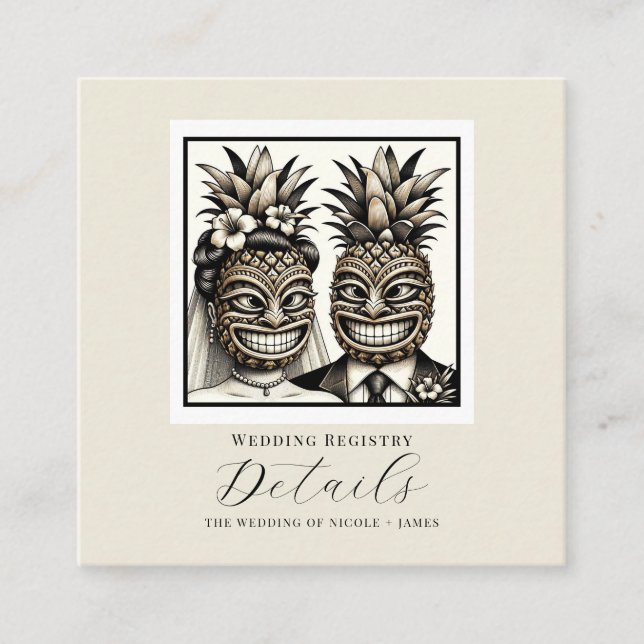 Cartão De Visita Quadrado Noiva & Groom Aloha Pineapple Tiki Detalhes do Cas (Frente)