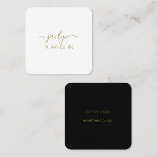 Cartão De Visita Quadrado Nome Personalizado Preto Dourado Branco do Script 