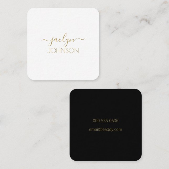 Cartão De Visita Quadrado Nome Personalizado Preto Dourado Branco do Script  (Frente/Verso)