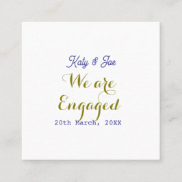 Cartão De Visita Quadrado Nós estamos noivos nome data dourado roxo elegante