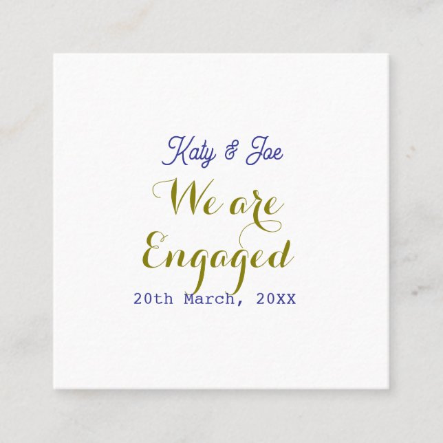 Cartão De Visita Quadrado Nós estamos noivos nome data dourado roxo elegante (Frente)