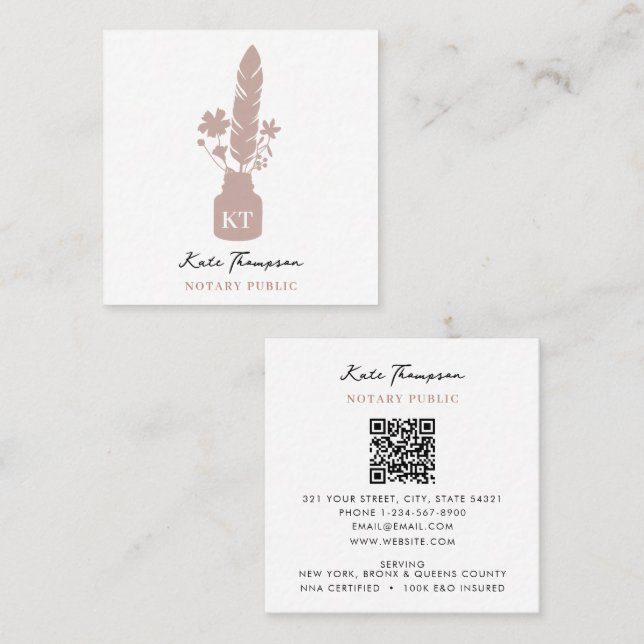 Cartão De Visita Quadrado Notary Signing Agent Calligraphy Pink Floral Quill (Frente/Verso)