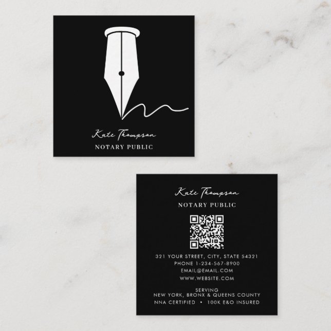 Cartão De Visita Quadrado Notary Signing Agent Calligraphy QR Code Black (Frente/Verso)