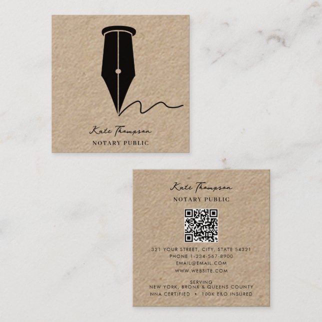 Cartão De Visita Quadrado Notary Signing Agent Calligraphy Rustic Kraft (Frente/Verso)
