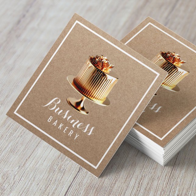 Cartão De Visita Quadrado Nova padaria de pastelaria de bolos Dourados (Criador carregado)